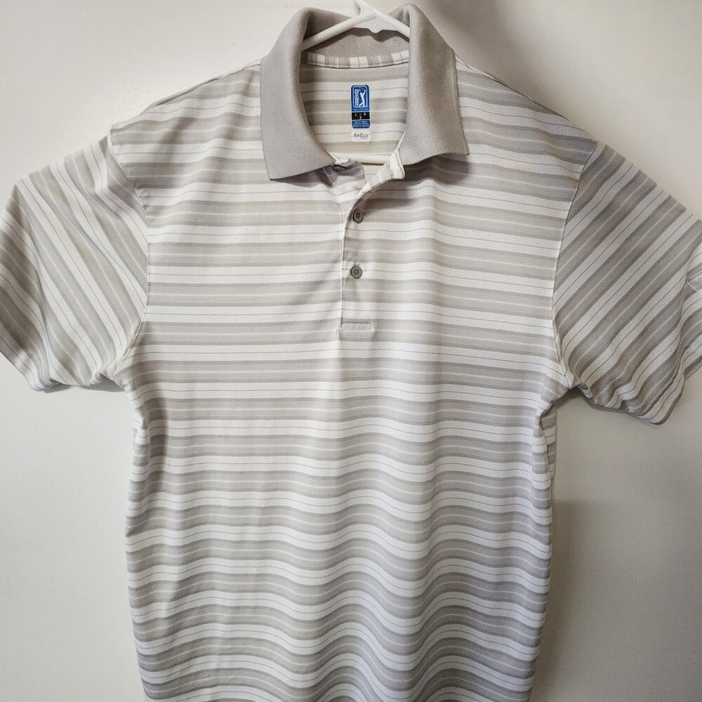 PGA Tour Men’s L Striped Golf Polo Shirt Gray White Airflux Performance